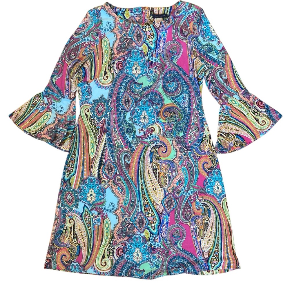 Tommy Hilfiger Women's 10 Round Neck Printed Paisley Bell Sleeve Shift Dress